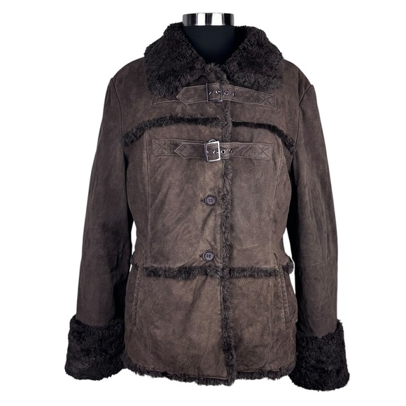 STEVE MADDEN Y2K CHOCOLATE BROWN SUEDE FAUX SHEARLING BUCKLE BUTTON FRONT JACKET - Picture 4 of 16